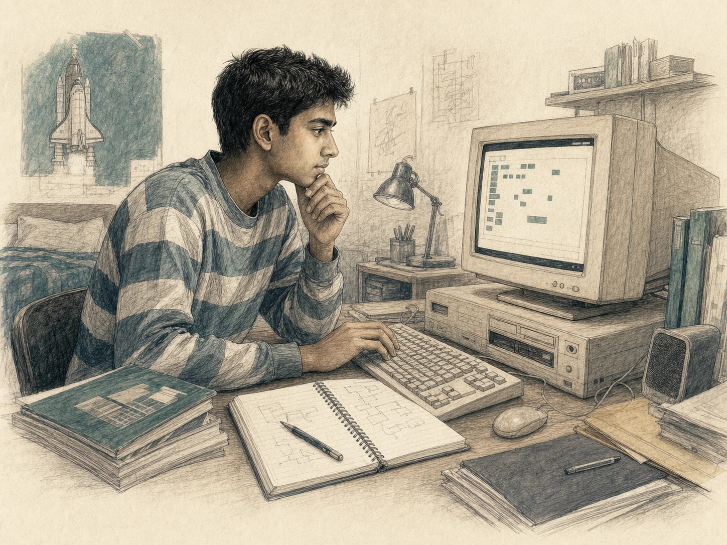 A teenage Yudara learning to program at a desktop computer