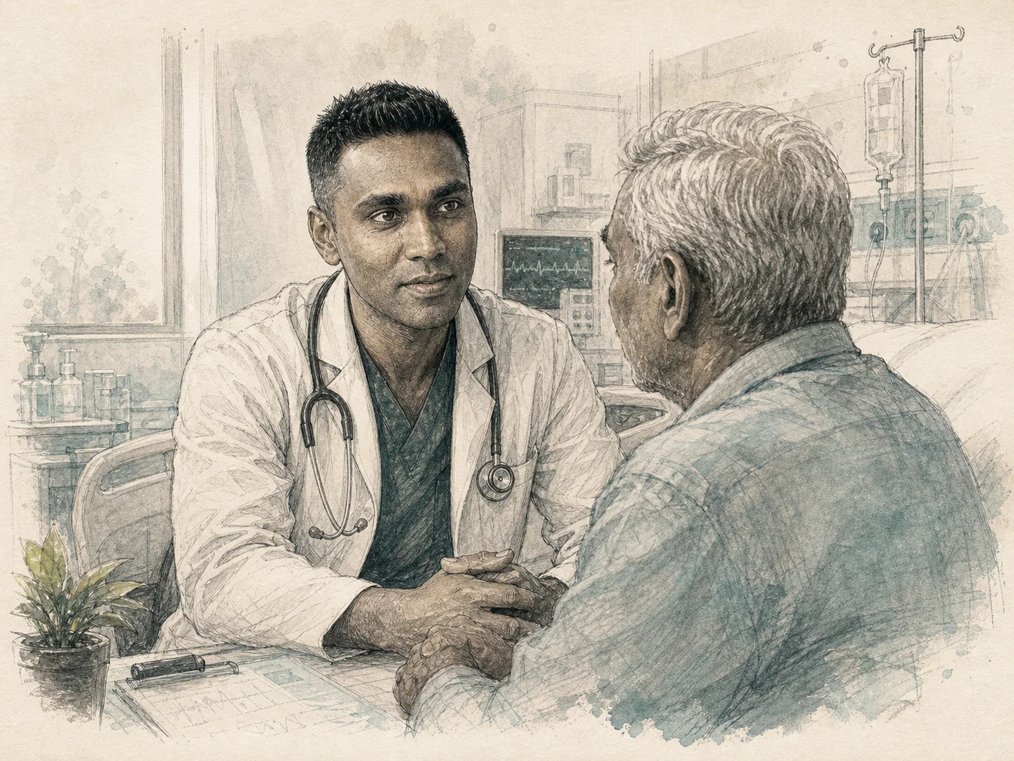 Dr. Yudara Kularathne listening closely to a patient in emergency care
