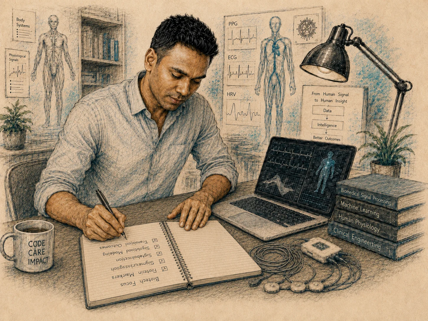 Yudara developing healthcare AI from physiological signals at his desk