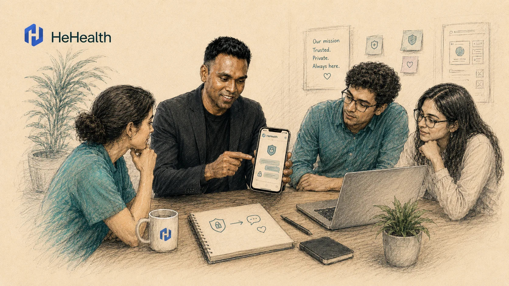 Yudara and the HeHealth team reviewing a private mobile health product